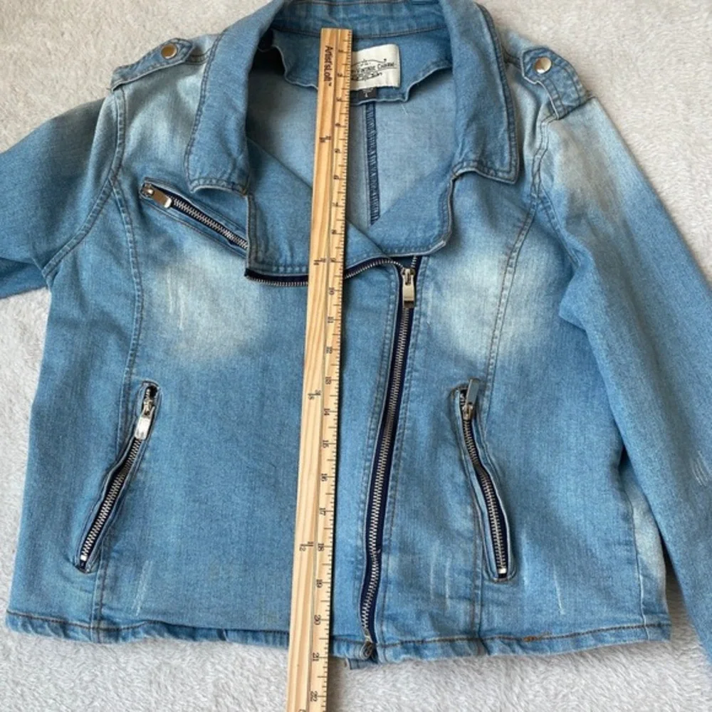 Ashley Vintage Charm Y2K Bikercore Moto Denim Jacket Women L‎ Blue Grunge
